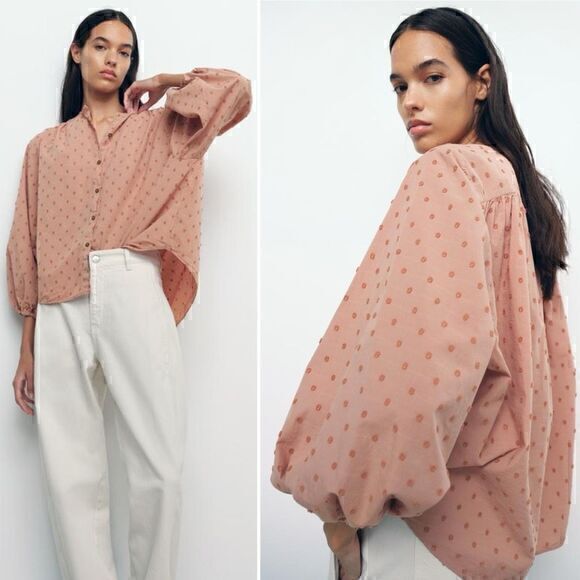 Zara Tops - ZARA Swiss Dot Blouse with Voluminous Sleeves Size XS